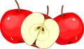 Three ripe red apples, whole and in longitudinal section Royalty Free Stock Photo